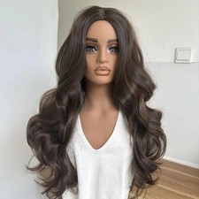 Real Human Hair New Fashion Long Natural Dark Brown Wavy Women's Full Wigs 24 In