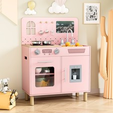 Kids Pretend Play Kitchen Set Wooden Kitchen Playset w/ Cooking Accessories Pink