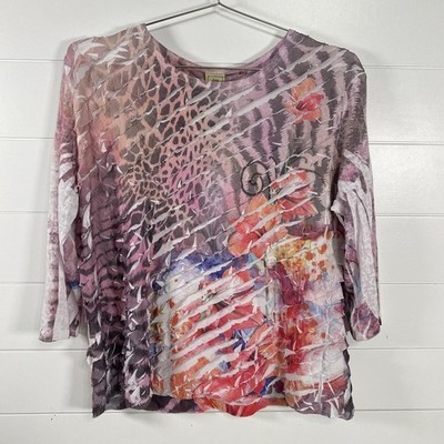 Jess & Jane Shirt Womens XL Pink Purple Abstract Floral Animal Print 3/4 Sleeve