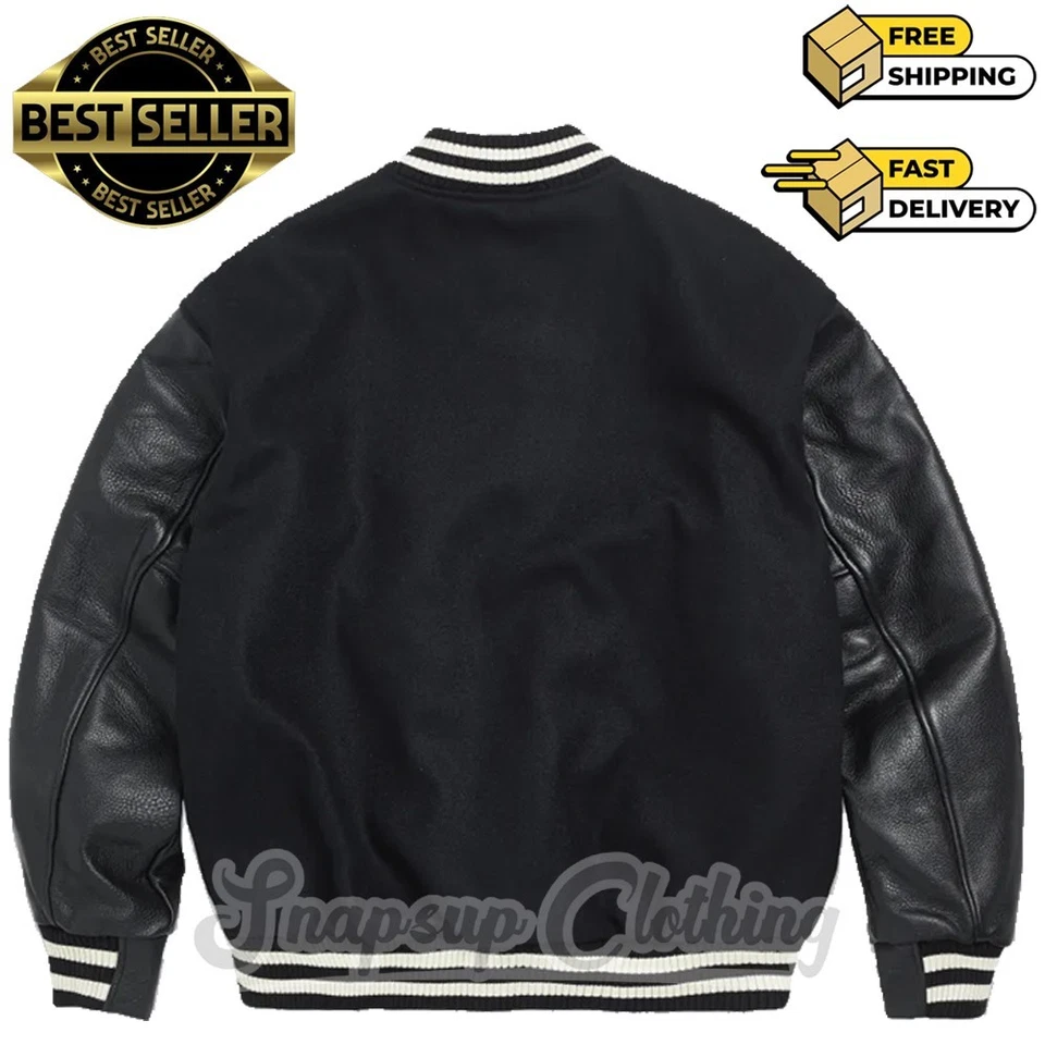 Unisex Black Wool Leather Drop Shoulder Athletic Letter College Varsity Jacket - Image 2 of 4