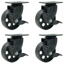 FactorDuty 4 All Black Metal Swivel Plate Caster Wheels w/Brake Lock Heavy Du...