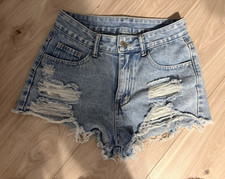 SHEIN Women's Light Wash Denim Cut Off Shorts High Rise Distressed Pockets 26
