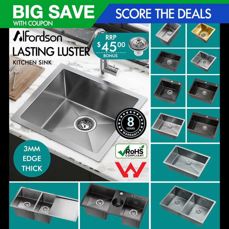 ALFORDSON Kitchen Sink Basin Stainless Steel Top Under Mount Single Double Bowl