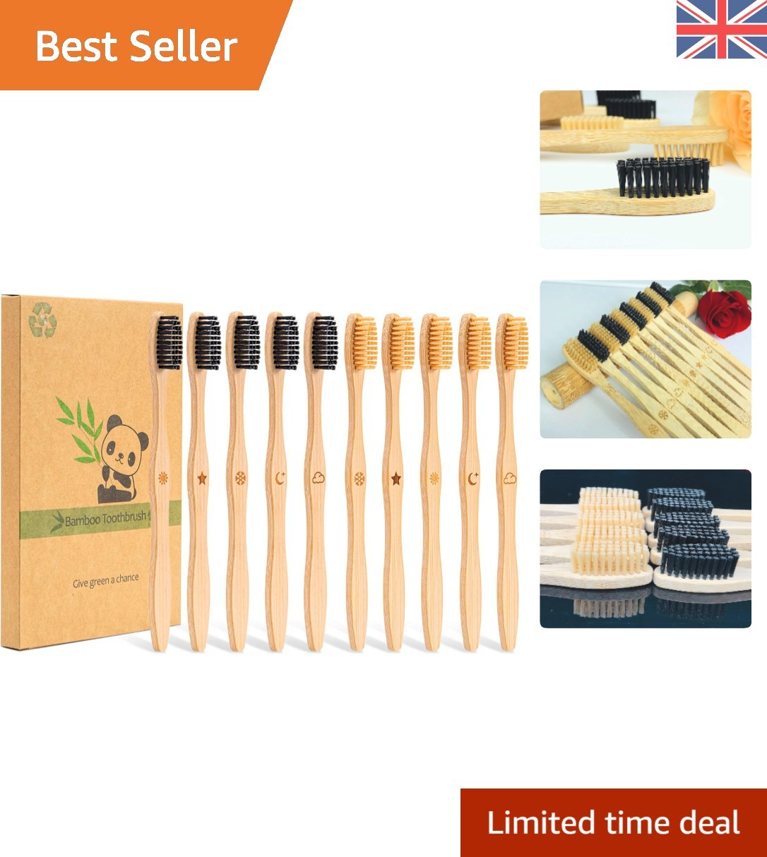 Gentle Medium Bristle Bamboo Toothbrushes - 10 Pack Eco-Friendly Gift Set