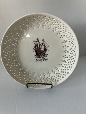 Leedsware Mary Rose Ship Decorative Plate, Pierced Rim Porcelain White/Brown
