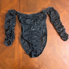 Vintage Frederick s of Hollywood Black Velvet Ruched Sleeve Bodysuit Top Y2K L