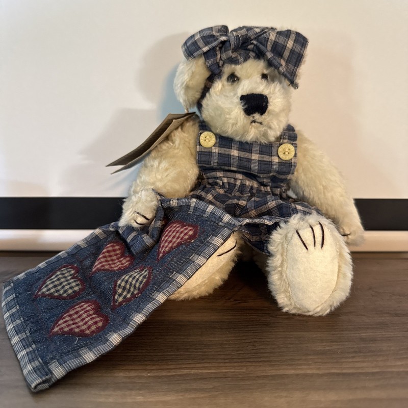 Boyds Bears Quilt Patch Collection Plush Camomile Jointed Bear Blue Denim Plaid.