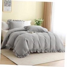 Gray/White Gingham Plaid Ruffle 3-Piece Duvet Cover Set Queen Size  100 