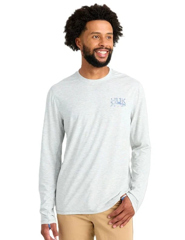Huk Drift Long Sleeve Graphic Crew Men's Tech Shirt, Harbor Mist Heather, X-Larg