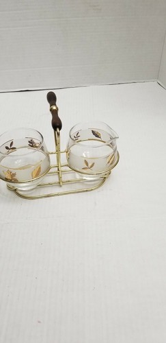 Vintage Libbey Wood Handle Caddy Frosted Glass Sugar Bowl and Creamer Gold Leaf - Picture 5 of 8
