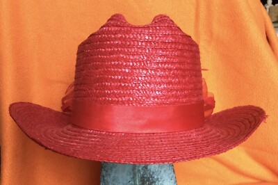 RED NATURAL STRAW WOVEN DERBY COWBOY HAT W/SATIN BAND ROSE-FEATHERS-EX  COND