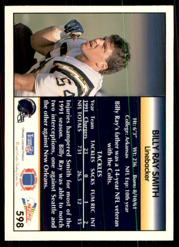 1992 Pacific Billy Ray Smith Football Cards #598 - Image 2 of 2
