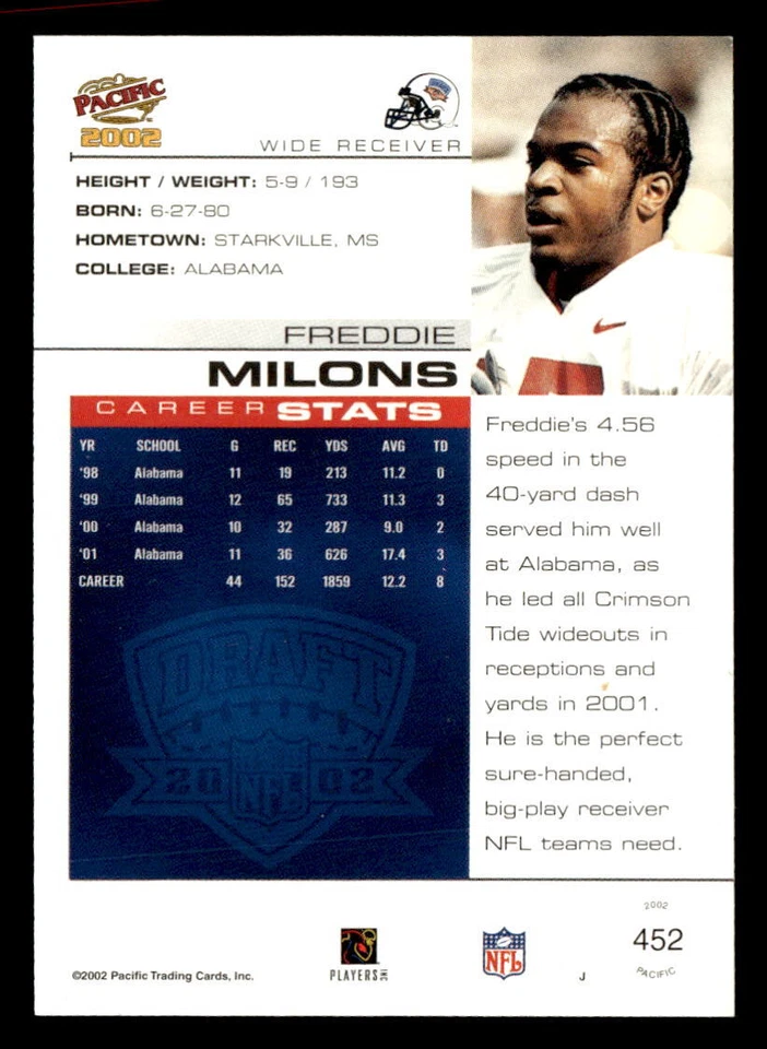 Freddie Milons 2002 Pacific  Card #452 Alabama - Image 2 of 2