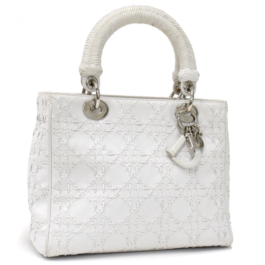 Authentique sac à main fourre tout Dior Lady Dior cousu cannage moyen cuir blanc T00N