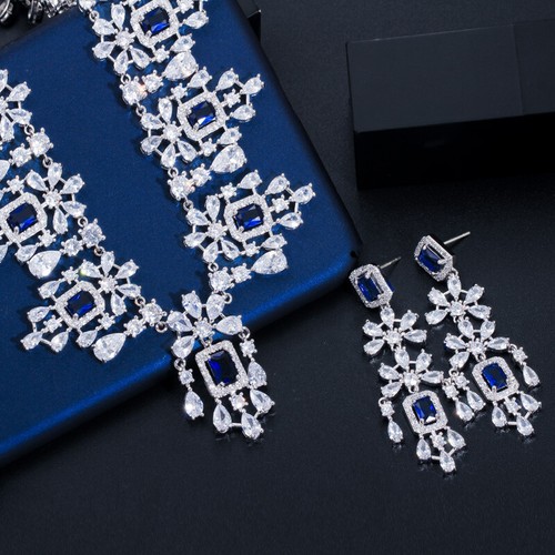 Versilbert Zirkonia Blau Braut Hochzeit Halskette Ohrringe Schmuck Set - Bild 7 von 11