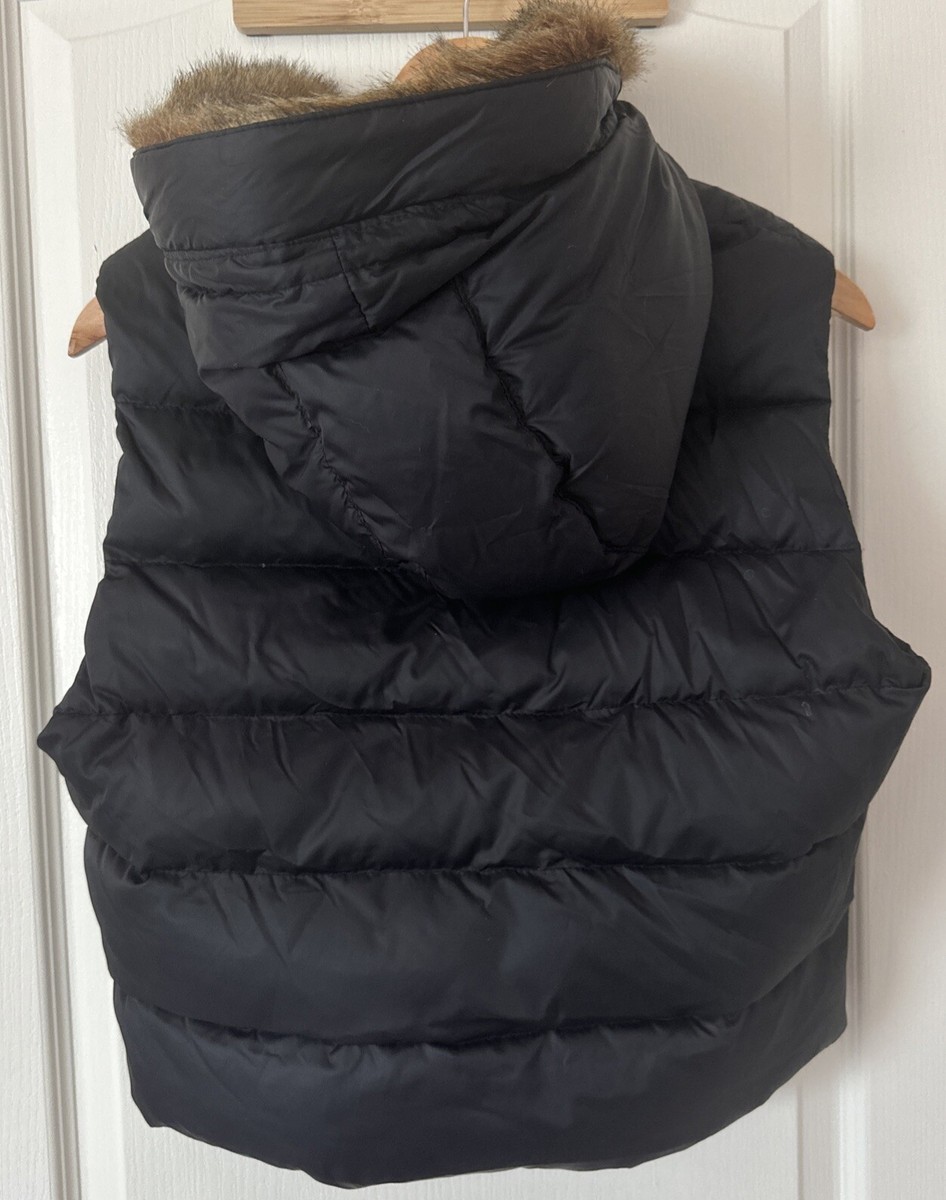Gap Womens Short Puffer Down Vest Black Zip Detachable Hood Faux