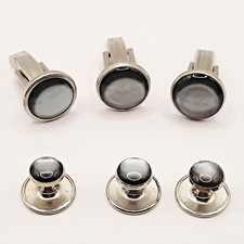 ROUND Charcoal GRAY Glass Cufflink and Button Set Mens Formal Dress Jewelry
