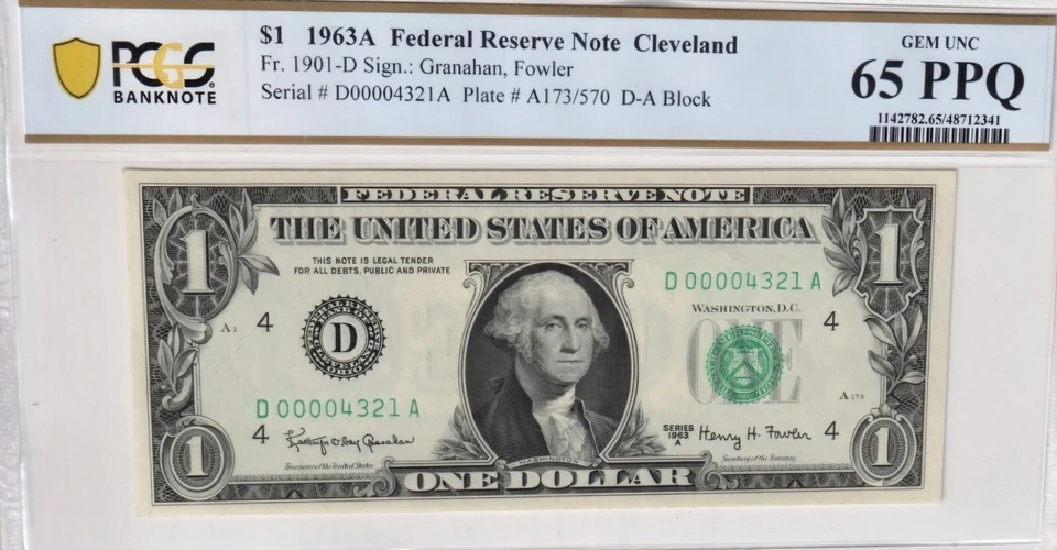 1963 $1 Near Perfect ASCENDING LADDER and Low Serial Number FRN PCGS 65 00004321 - Image 2 of 4