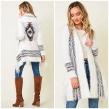 White Fuzzy Eyelash Fringe Western Boho Rainbow Aztec Pattern Open Knit Cardigan
