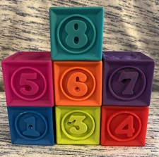 VINTAGE BUGS ANIMALS SHAPES NUMBERS BABY SOFT BLOCKS SET/7 SQUEEZABLE