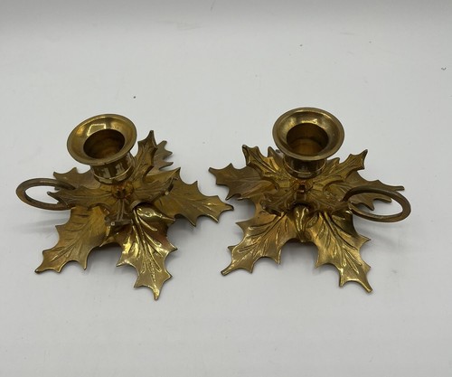 Brass Holly Leaf Candle Holders Pair Holiday Farmhouse Cottage Christmas Vintage