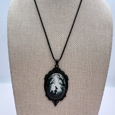 Vintage 90s Gothic Crow Graveyard Oval Pendant Necklace Braided Cord Jewelry