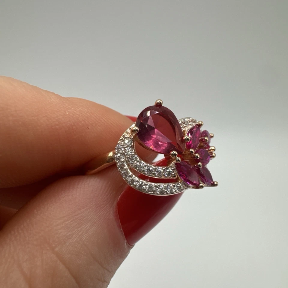 14CT Rolled Gold Pink Ruby Leaf Cluster Ring – Hallmarked 585RG – Size P½ UK — 第 4/4 张图片