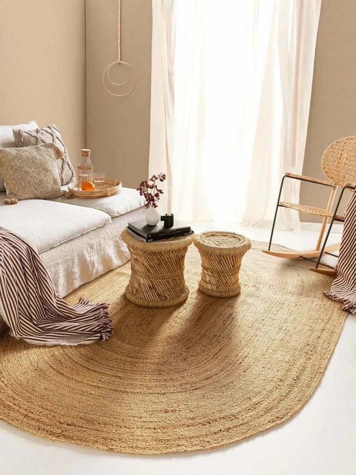 Oval Jute Rug with Woven Beige Color Handmade Natural Fiber Boho Carpet - Image 3 of 4