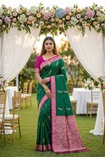 Saree Party Indian Sari Green Unstitched Blouse Wedding Ethnic Pakistani Banaras