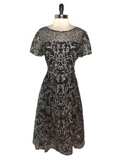 IGNITE EVENINGS Size 18 A-Line Dress Black Silver Soutache Floral Short Sleeve
