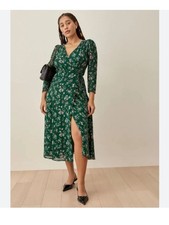 Reformation Melba Green Floral Wrap midi Dress Floral Sz S