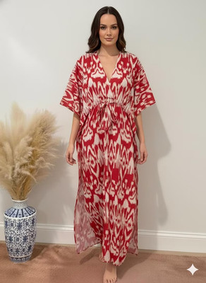 Indian Red Ikat Handmade Cotton Kaftan Maxi Dress Women's Clothing Gown US