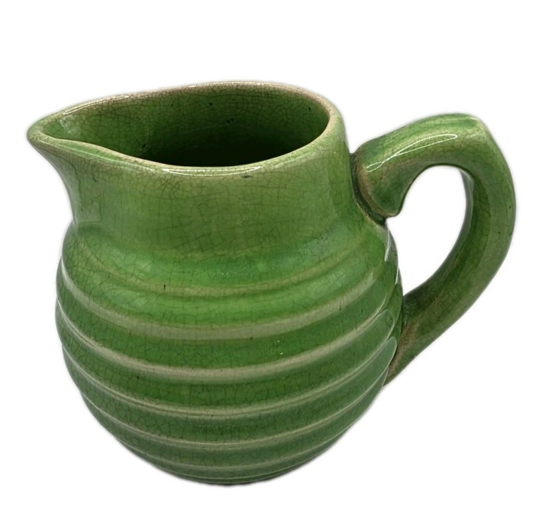 VTG Green Ceramic Water Ribbed Circular Pitcher Possibly McCoy Pottery Beehive