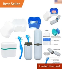 Travel-Ready Denture Cleaning Set with Bath Cups, Brushes & Cases - Blue & Green