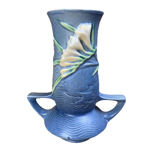Vintage 1945 Roseville Pottery Blue Vase w/ Double Handles 7.5”