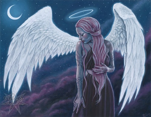 Fantasy Art PRINT Angel Crescent Moon Stars Blue Purple Pink Hair Wings Halo Sky - 第 3/5 張圖片