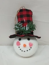 Christmas Ornament 6" Snowman Head With Red & Black Plaid Hat Carrot Nose 