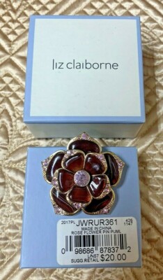 Vintage Liz Claiborne Autumn Rose Flower Petal Enamel & Rhinestones Brooch Pin
