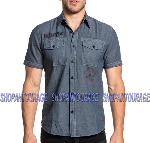 Affliction Dawkins 110WV663 Men`s New Blue Short Sleeve Casual Button-Down Shirt