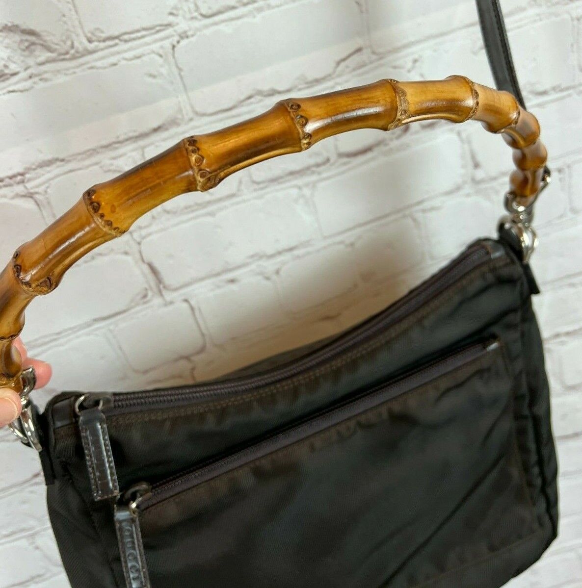 GUCCI pre-loved brown nylon fabric bamboo handbag… - image 12