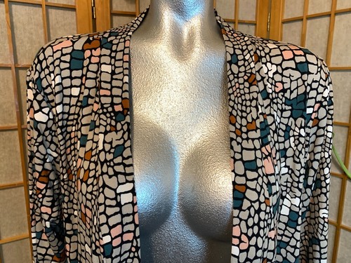 LOGO Lori Goldstein Chiffon Hem Geometric Long Sleeve Open Front Duster * sz L - Picture 2 of 9