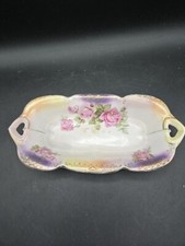 German Porcelain Oval Butter Bowl Tray with Pink Roses & Heart Handles Gold Trim