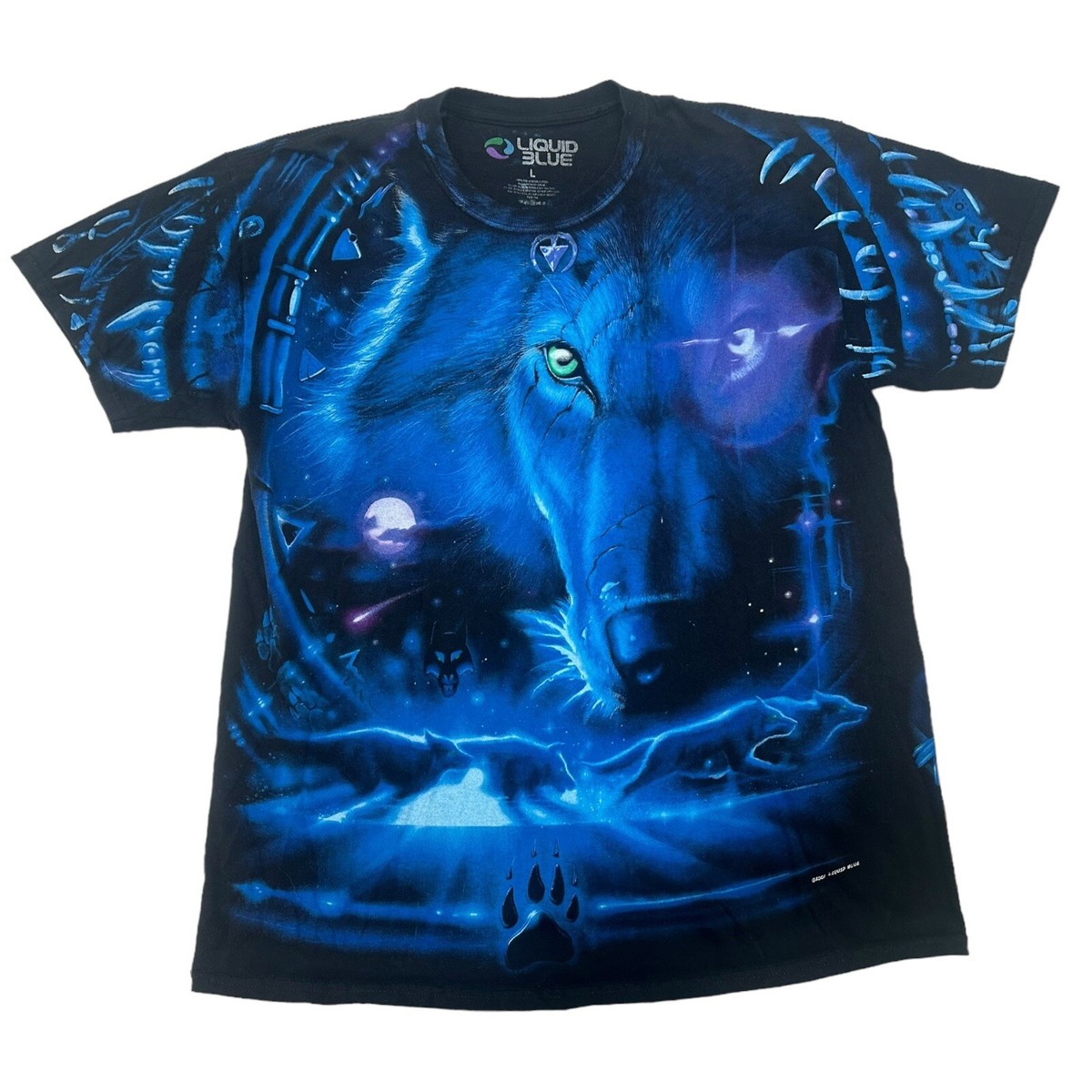 VINTAGE 2001 LIQUID BLUE CELESTIAL WOLF ALL OVER PRINT AOP T