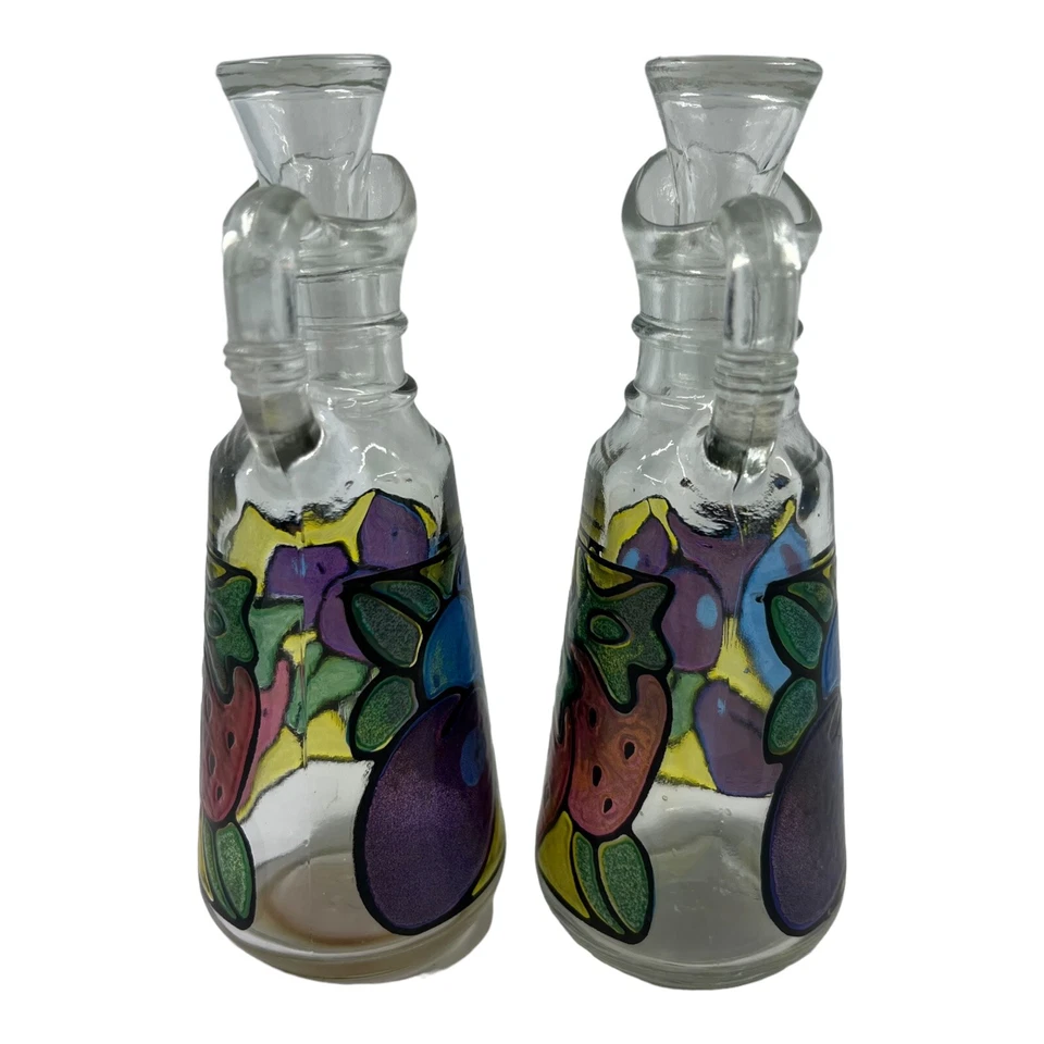 Decantador de vinagre de aceite Anchor Hocking vintage con tapones vitral de frutas Foto 4 de 4