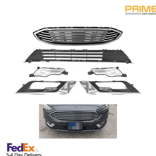 Front Upper & Lower Grille & Fog Lamps & Caps For 17-18 Ford Fusion