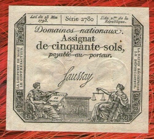 FRANCE ASSIGNAT FRENCH REVOLUTION LOT 50 sols LIVRES 1793 ( No100 ) UNC - Picture 1 of 2