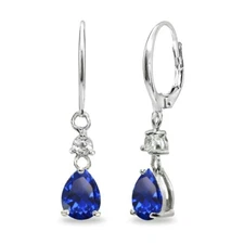 Oval Created Blue Sapphire & White Topaz 925 Silver Dangle Leverback Earrings