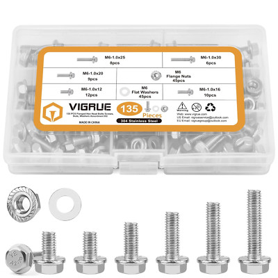 M6-1.0 X 12/16/20/25/30Mm Flanged Hex Head Bolts, VIGURE 135PCS M6 Flange Hexago