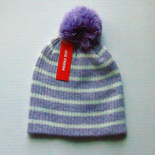 Beanie Hat Girl's Purple White S/M 6-8 Winter Acrylic Ribbed Pom Pom NWT