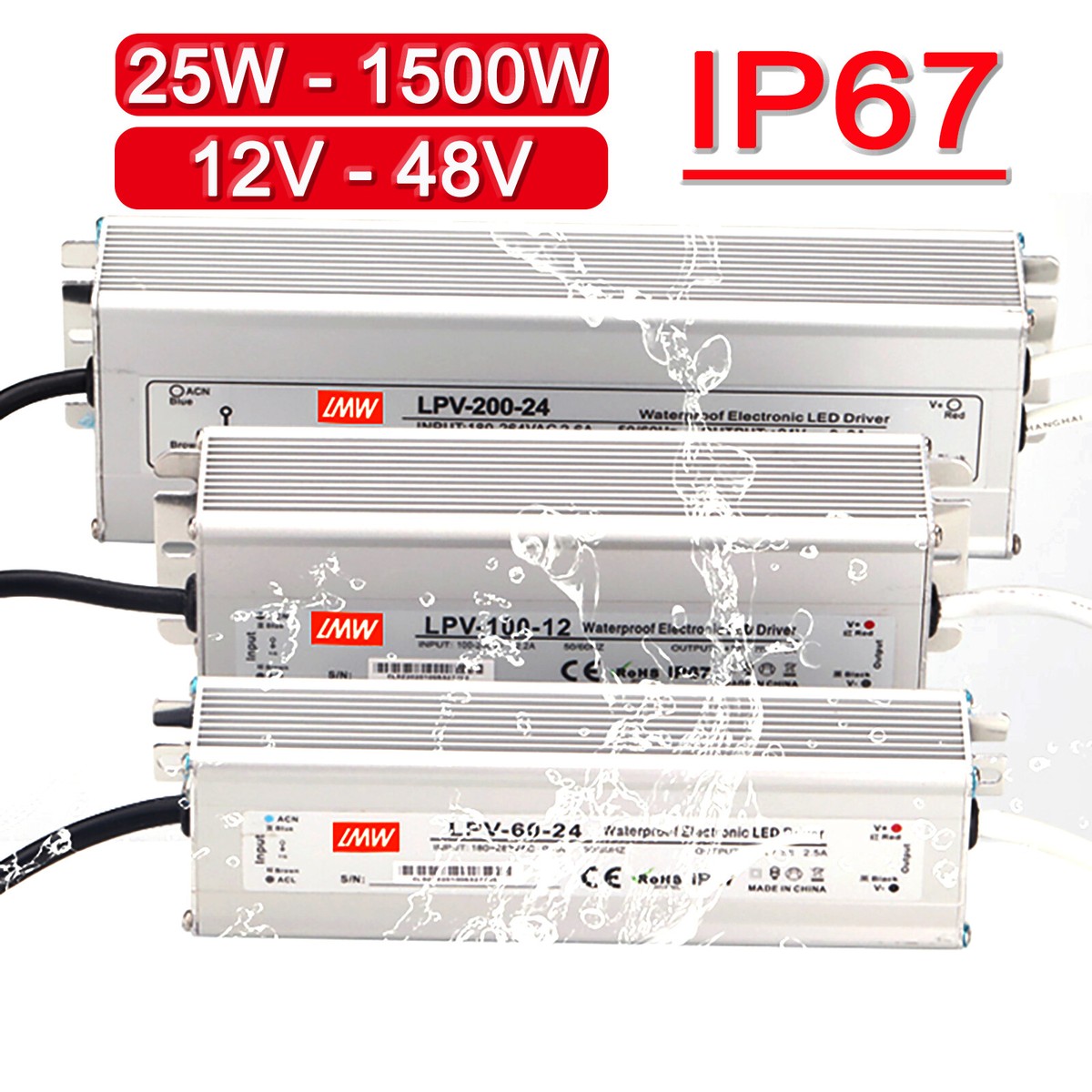 LED Power Supply IP67 Waterproof AC100V/280V to DC12V 48V LED